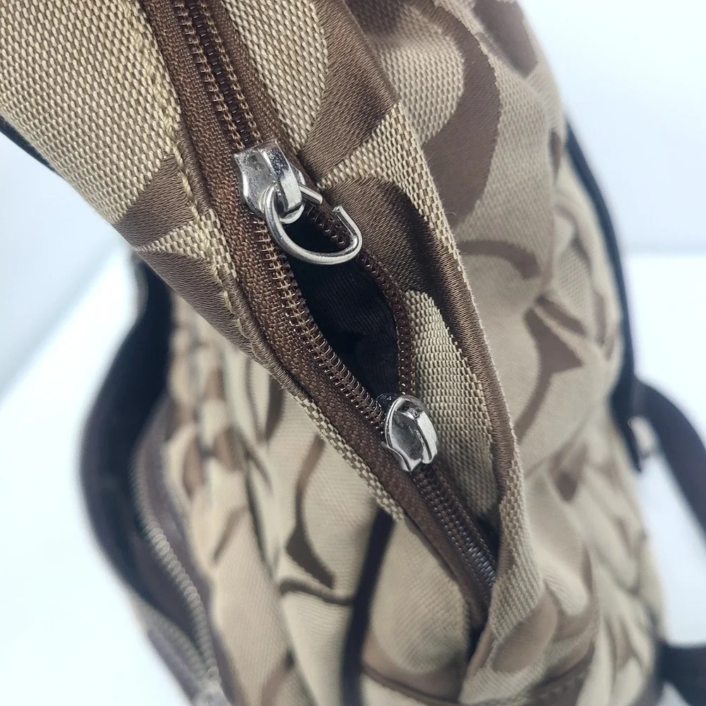 Coach Signature Logo Jaqaurd Fabric Tan And Brown‎ Stripe Backpack